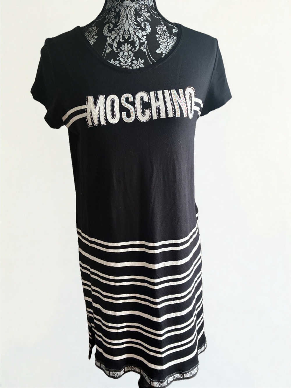 Moschino Black and White Striped Logo Tee Dress